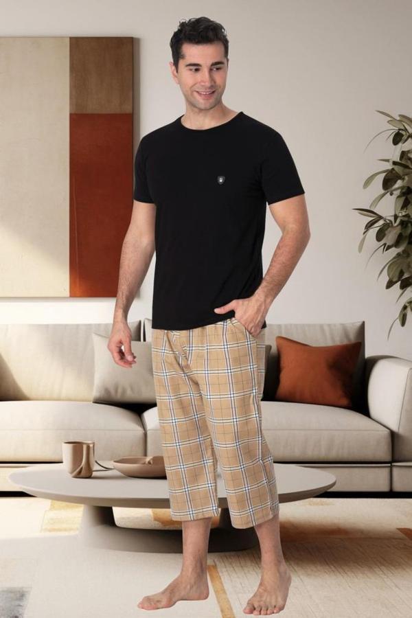 Mecit 2912 Siyah Ekoseli Erkek Büyük Beden Kapri Pijama Takımı - Image 1