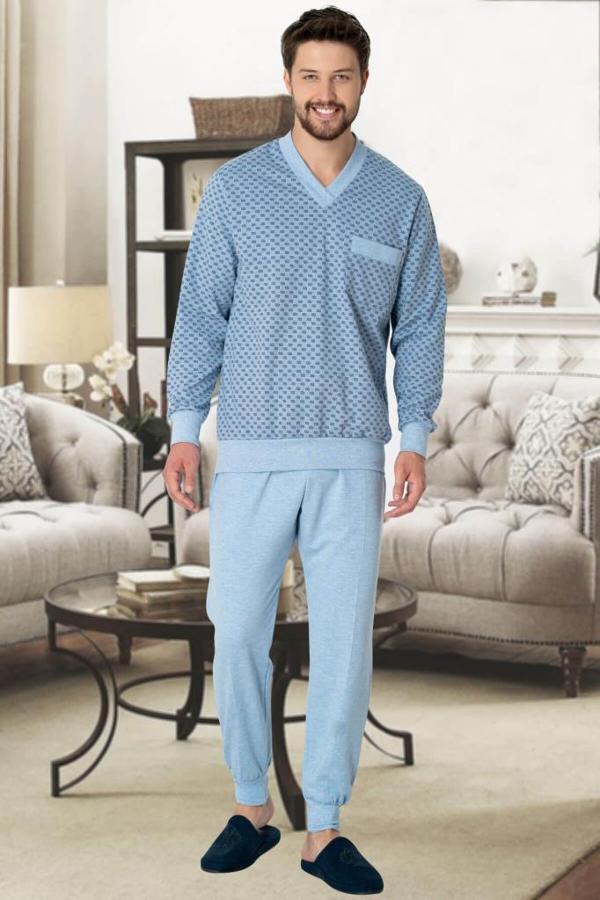 Mecit 2766 Erkek Mavi Büyük Beden Uzun Kollu Pijama Takımı - Image 1