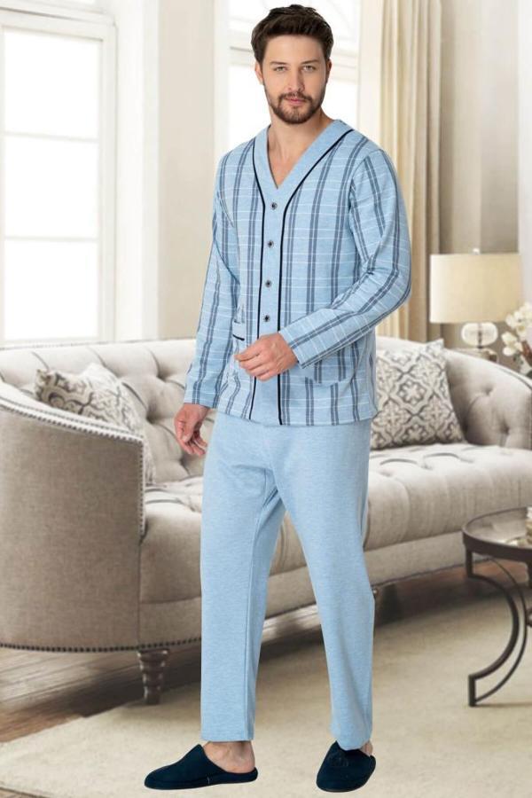 Mecit 2767 Mavi Önden Düğmeli Büyük Beden Erkek Pijama Takımı - Image 1