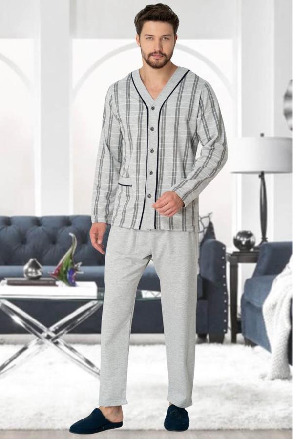 Mecit 2767 Gri Önden Düğmeli Büyük Beden Erkek Pijama Takımı - Image 1