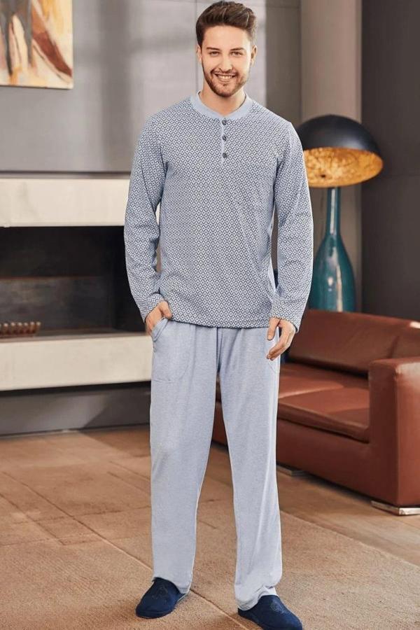 Mecit 22759 Erkek Mavi Şardonlu Kışlık Büyük Beden Pijama Takımı - Image 1