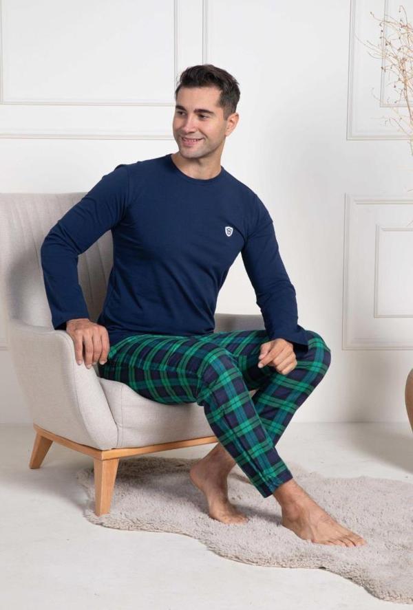 Mecit 3051 Erkek Lacivert Ekoseli Büyük Beden Pijama Takımı - Image 1