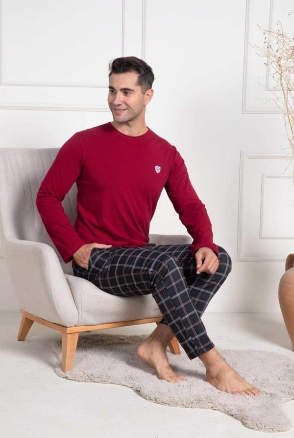 Mecit 3050 Erkek Bordo Ekoseli Büyük Beden Pijama Takımı - Image 1