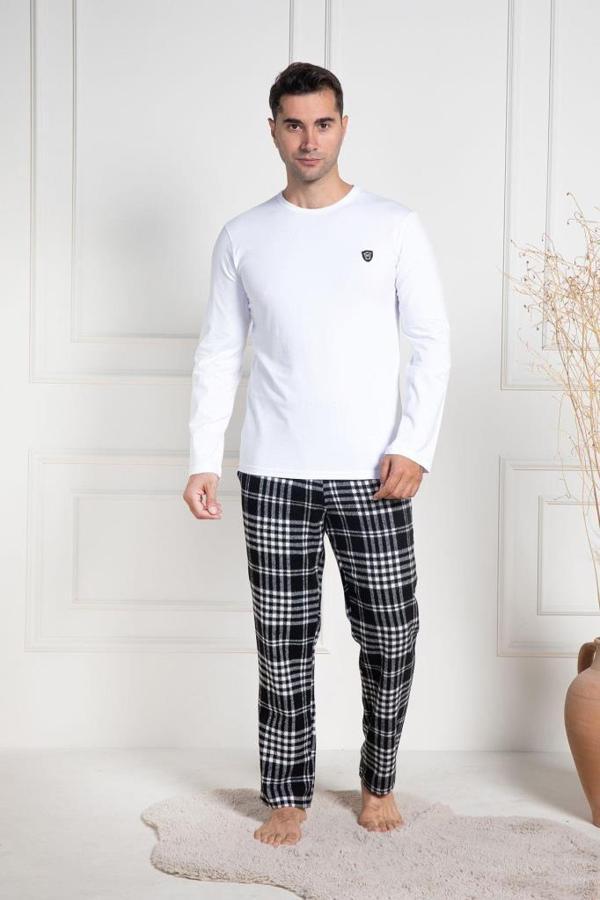 Mecit 3082 Erkek Beyaz Ekoseli Büyük Beden Pijama Takımı - Image 1