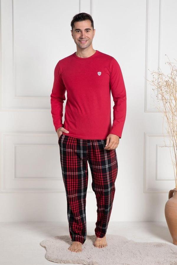 Mecit 3081 Erkek Kırmızı Ekoseli Büyük Beden Pijama Takımı - Image 1