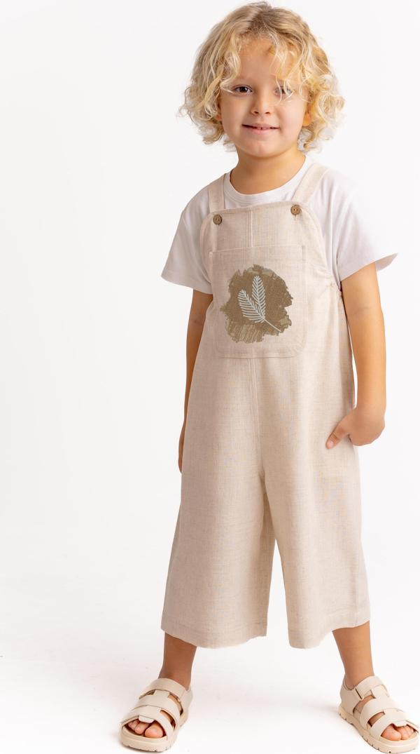 Unisex Tüğ Nakışlı Keten Salopet Naturel - Image 1