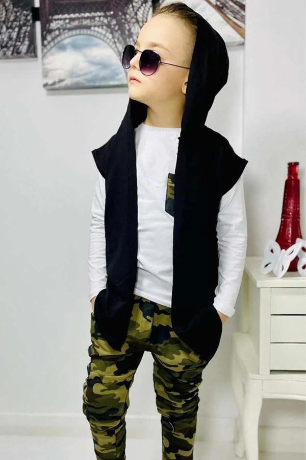 Erkek Çocuk Cep Detaylı Kazak Kolsuz Siyah Yelek Kamuflaj Detaylı Eşofman Takım - Image 1