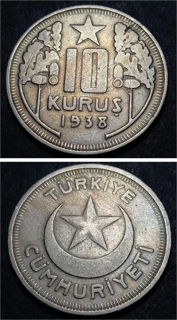 Escoines Koleksiyon 3996368168c43a9393 (1938) 10Kuruş 1938 ÇÇT+/CA eski madeni para - Image 1