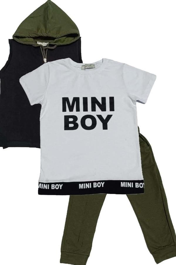 Erkek Çocuk Mini Boy Yazı ve Şerit Detaylı T-shirt Kolsuz Siyah Yelek Eşofman Takım - Image 1