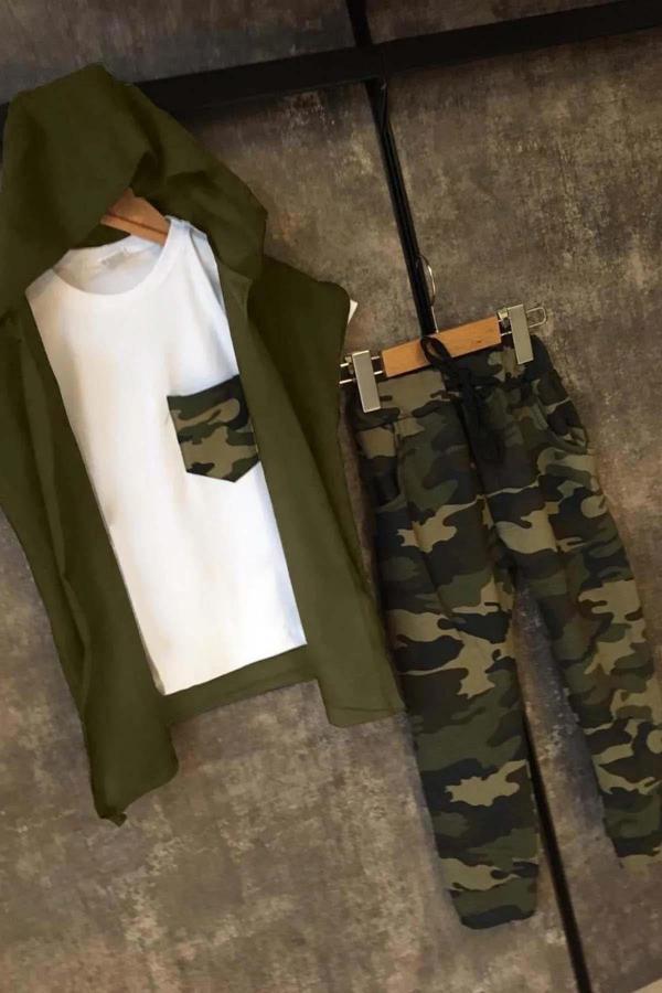 Erkek Çocuk Cep Detaylı T-shirt Kolsuz Yeşil Yelek Kamuflaj Detaylı Eşofman Takım - Image 1