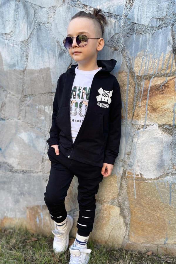 Erkek Çocuk Sırt Baskılı Minicool Yazı ve Paçaları Yırtmaç Detaylı Siyah Eşofman Takım - Image 1