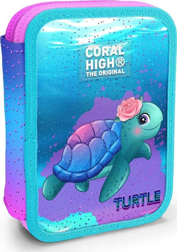 Coral High Kids Açık Pembe Mavi Kaplumbağa Desenli Çift Katlı Kalem Çanta 11134 - Image 1