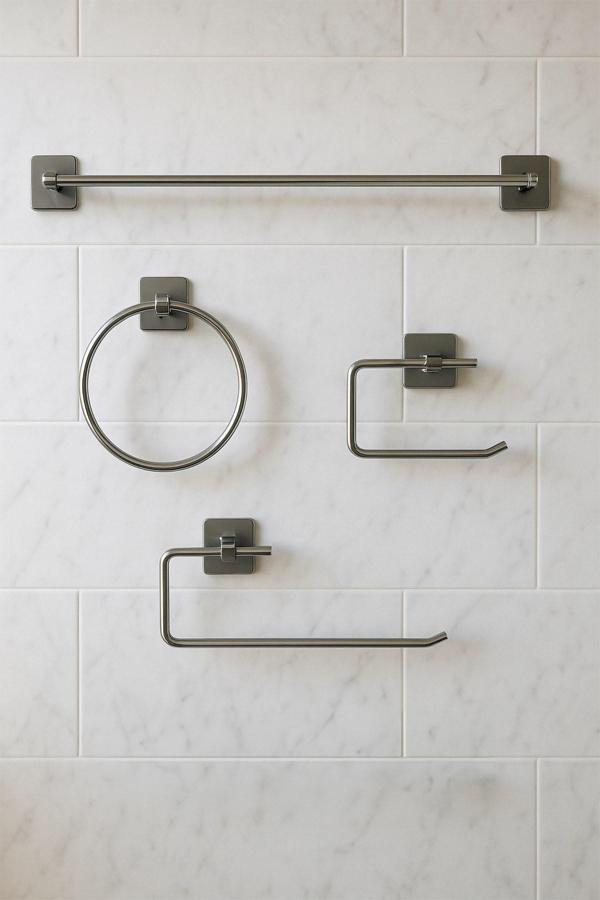 Yapışkanlı Krom 4’lü Banyo & Mutfak Havluluk Seti – WC Kağıtlık, Rulo, Çember & Uzun Havlu Askısı - Image 1