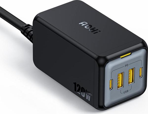 Aohi Magcube 4 Portlu Masaüstü USB Şarj İstasyonu, GaN+ 120W Hızlı Şarj Cihazı, Siyah - Image 1