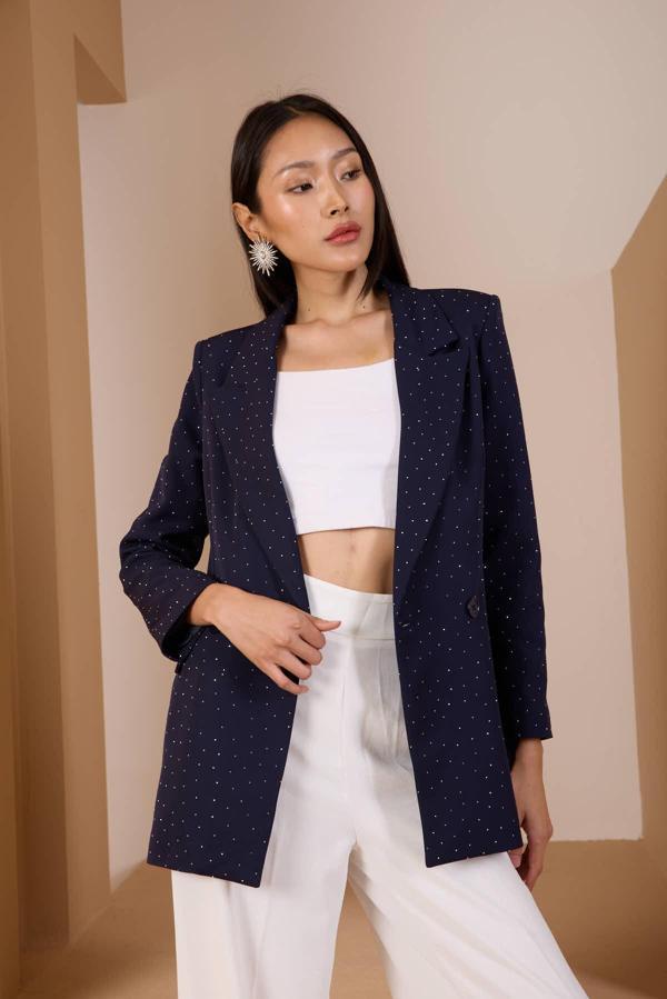 Lacivert Regular Dokuma Astarlı Taş Detaylı Blazer Ceket  - Image 1