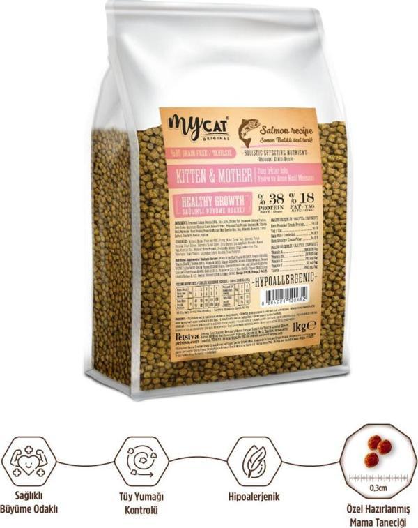 My Cat Mycat Original Az Tahıllı Somon Balıklı Yavru Ve Anne Kuru Kedi Maması 1Kg - Image 1