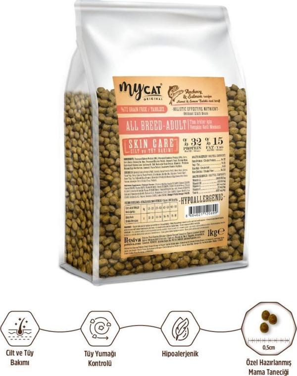 My Cat Mycat Original Az Tahıllı Hamsi & Somon Balıklı Skin Care Yetişkin Kedi Maması 1Kg - Image 1
