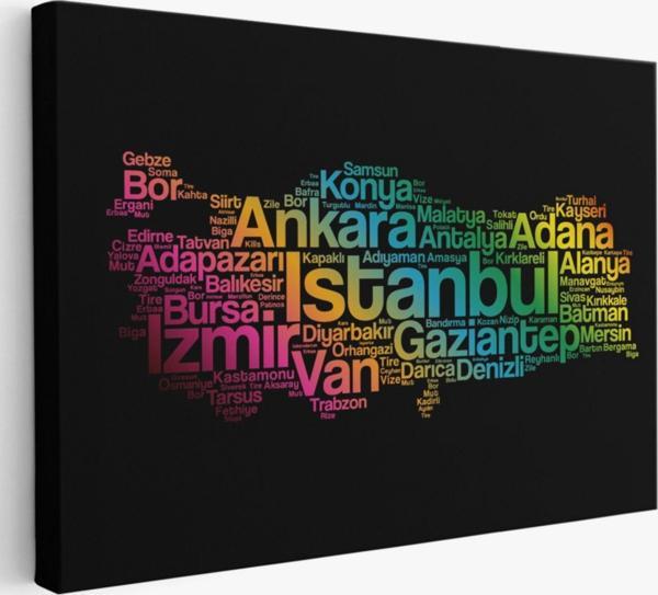 Siyah Zemin İller ve İlçeler Türkiye Haritası Renkli Dekoratif Kanvas Tablo, Duvar Dekoru 1016 - Image 1