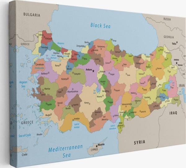 Komşu Ülkeli İngilizce Türkiye Haritası Dekoratif Kanvas Tablo, Duvar Dekoru 1067 - Image 1