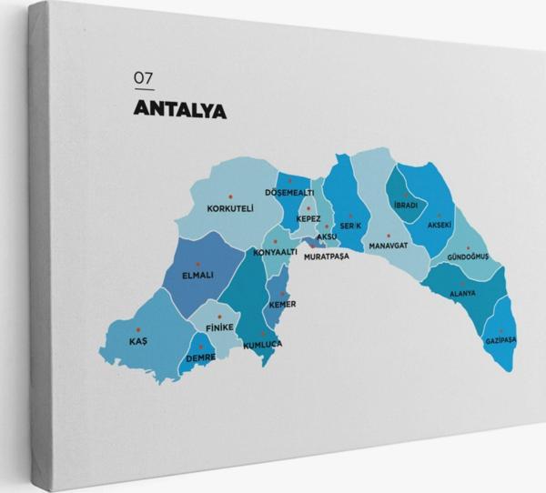 İl ve İlçeler Haritası Antalya, Modern Dekoratif Kanvas Tablo, Duvar Dekoru 1267 - Image 1
