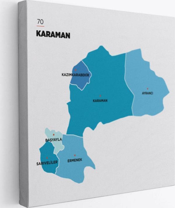 İl ve İlçeler Haritası Karaman, Modern Dekoratif Kanvas Tablo, Duvar Dekoru 1378 - Image 1