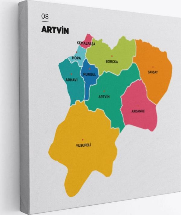 İl ve İlçeler Haritası Artvin, Modern Dekoratif Kanvas Tablo, Duvar Dekoru 1273 - Image 1