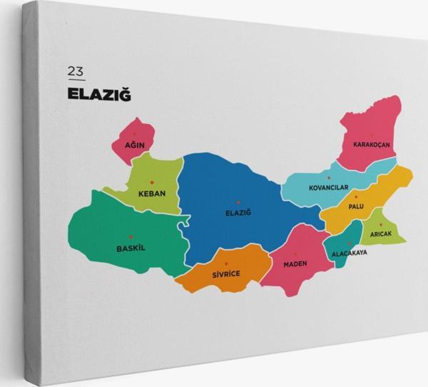 İl ve İlçeler Haritası Elazığ, Modern Dekoratif Kanvas Tablo, Duvar Dekoru 1330 - Image 1