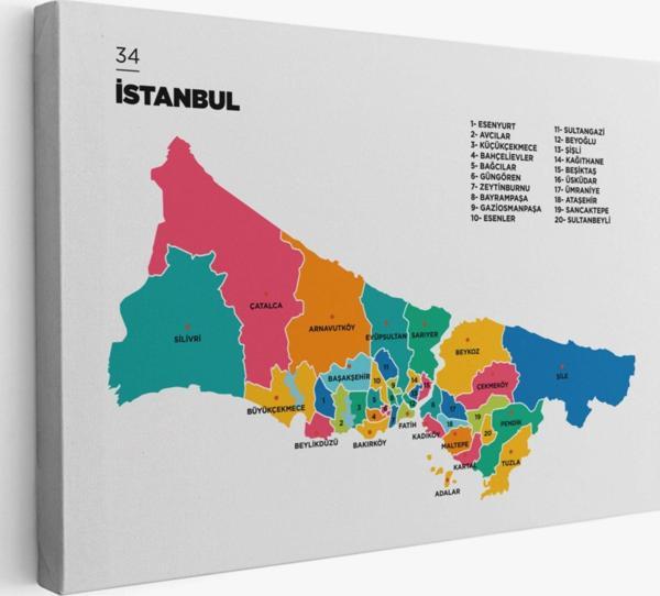 İl ve İlçeler Haritası İstanbul, Modern Dekoratif Kanvas Tablo, Duvar Dekoru 1364 - Image 1