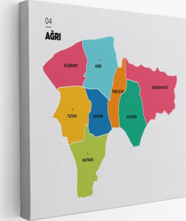 İl ve İlçeler Haritası Ağrı, Modern Dekoratif Kanvas Tablo, Duvar Dekoru 1257 - Image 1