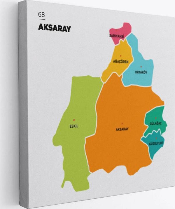 İl ve İlçeler Haritası Aksaray, Modern Dekoratif Kanvas Tablo, Duvar Dekoru 1260 - Image 1