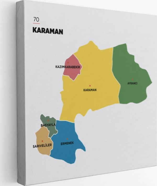 İl ve İlçeler Haritası Karaman, Modern Dekoratif Kanvas Tablo, Duvar Dekoru 1377 - Image 1