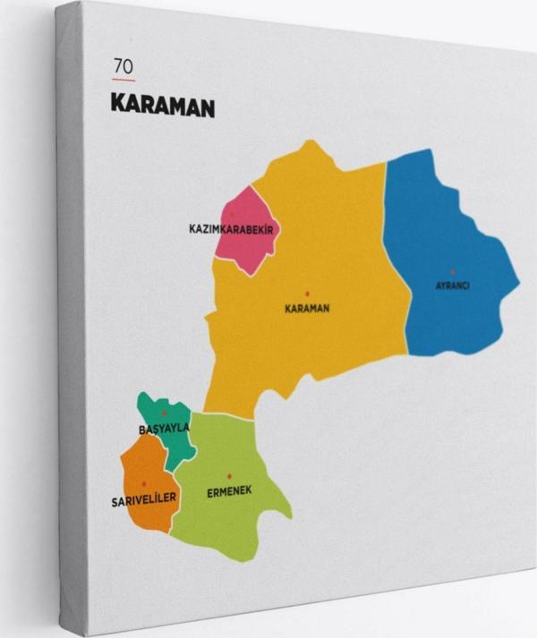 İl ve İlçeler Haritası Karaman, Modern Dekoratif Kanvas Tablo, Duvar Dekoru 1376 - Image 1