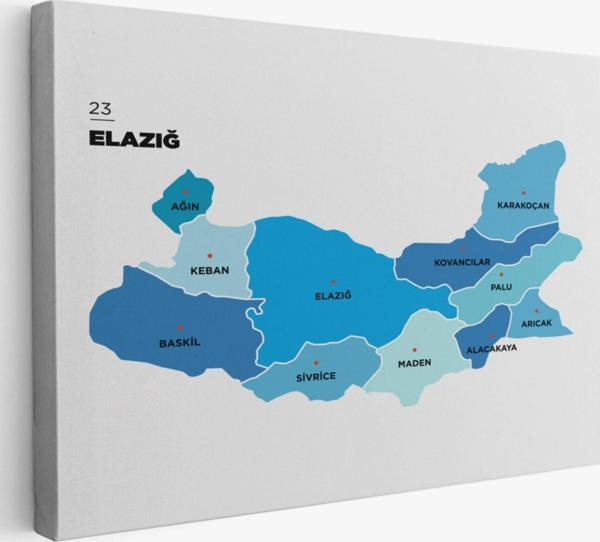 İl ve İlçeler Haritası Elazığ, Modern Dekoratif Kanvas Tablo, Duvar Dekoru 1332 - Image 1
