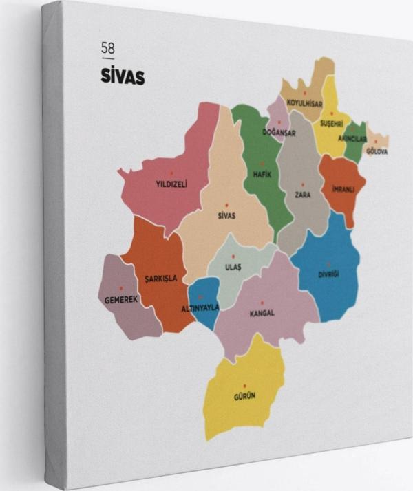 İl ve İlçeler Haritası Sivas, Modern Dekoratif Kanvas Tablo, Duvar Dekoru 1455 - Image 1