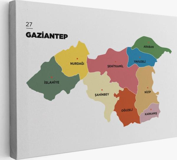 İl ve İlçeler Haritası Gaziantep, Modern Dekoratif Kanvas Tablo, Duvar Dekoru 1343 - Image 1