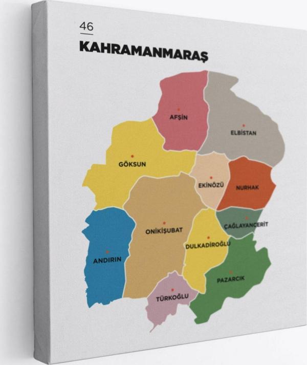 İl ve İlçeler Haritası Kahramanmaraş, Modern Dekoratif Kanvas Tablo, Duvar Dekoru 1371 - Image 1