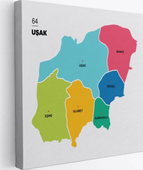 İl ve İlçeler Haritası Uşak, Modern Dekoratif Kanvas Tablo, Duvar Dekoru 1475 - Image 1