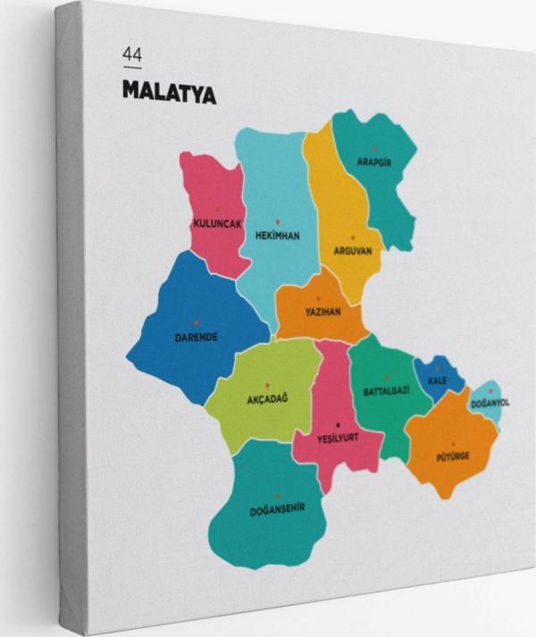 İl ve İlçeler Haritası Malatya, Modern Dekoratif Kanvas Tablo, Duvar Dekoru 1409 - Image 1