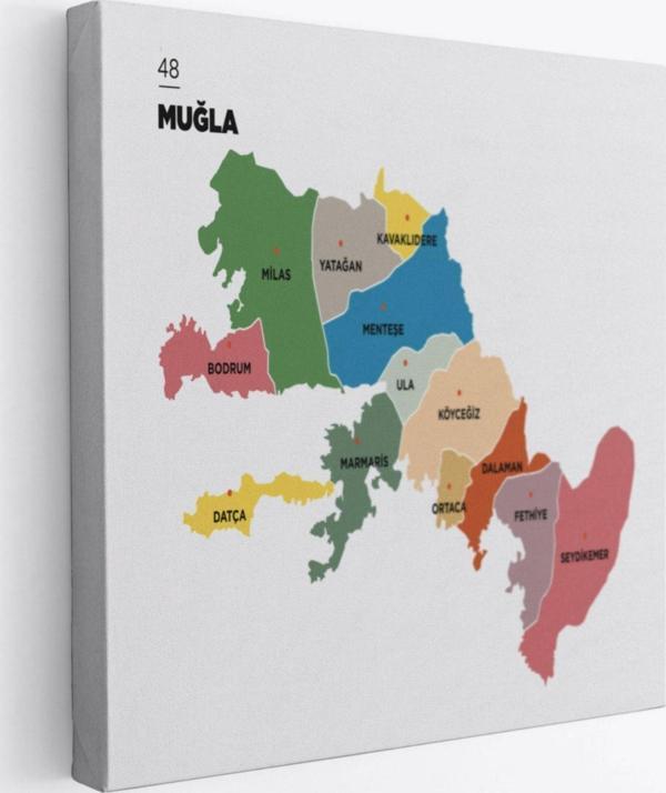 İl ve İlçeler Haritası Muğla, Modern Dekoratif Kanvas Tablo, Duvar Dekoru 1422 - Image 1