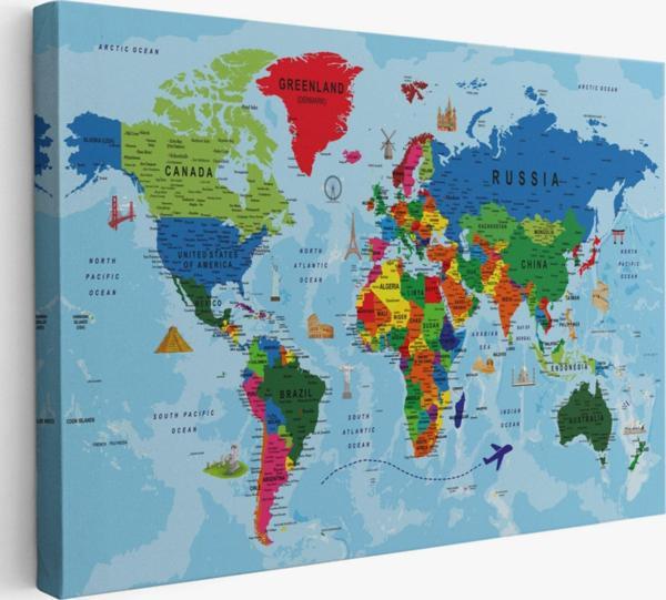 Detaylı İngilizce Dünya Haritası, Harita Dekoratif Kanvas Tablo, Duvar Dekoru 2037 - Image 1