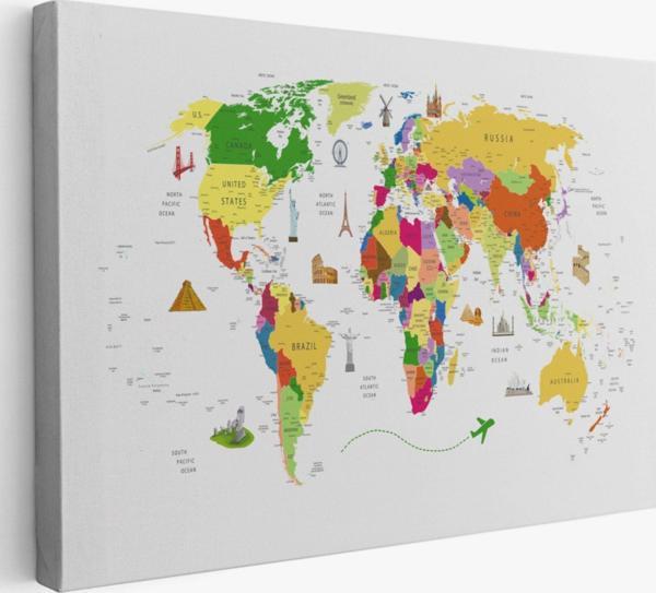 Ülke Başkent Sembollü Eğitici İngilizce Dünya Haritası Dekoratif Kanvas Tablo, Duvar Dekoru 2287 - Image 1