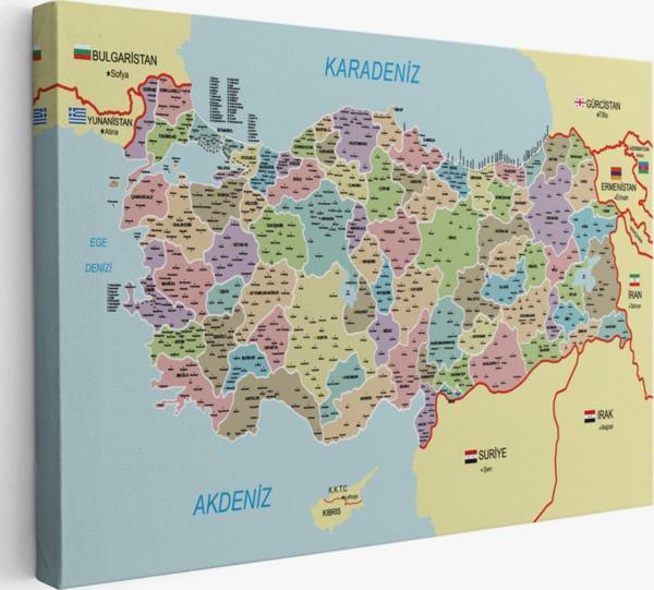 Komşulu İl ve İlçe Detaylı Türkiye Haritası, Harita Dekoratif Kanvas Tablo, Duvar Dekoru 3016 - Image 1