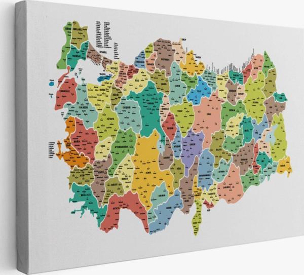 Eğitici İl ve İlçe Detaylı Türkiye Haritası, Harita Dekoratif Kanvas Tablo, Duvar Dekoru 3034 - Image 1