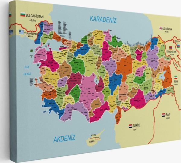 Komşulu İl ve İlçe Detaylı Türkiye Haritası, Harita Dekoratif Kanvas Tablo, Duvar Dekoru 3008 - Image 1