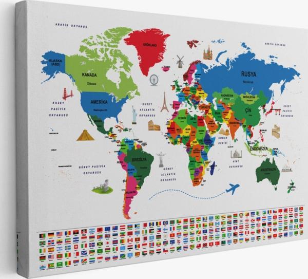 Ülke Başkentli ve Bayraklı Türkçe Dünya Haritası Dekoratif Kanvas Tablo, Duvar Dekoru 1962 - Image 1