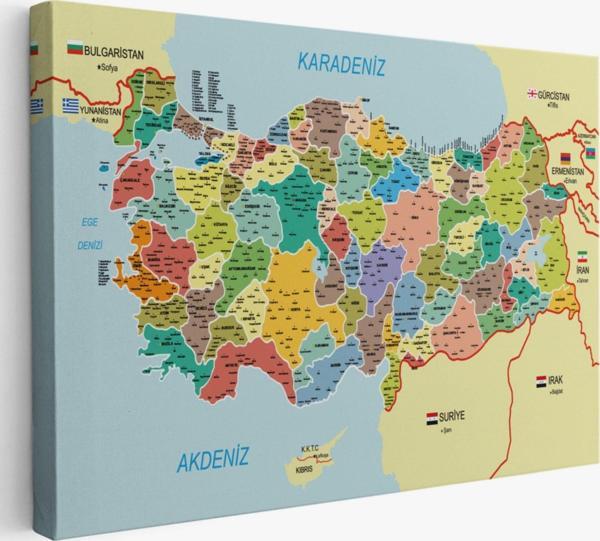 Komşulu İl ve İlçe Detaylı Türkiye Haritası, Harita Dekoratif Kanvas Tablo, Duvar Dekoru 3006 - Image 1