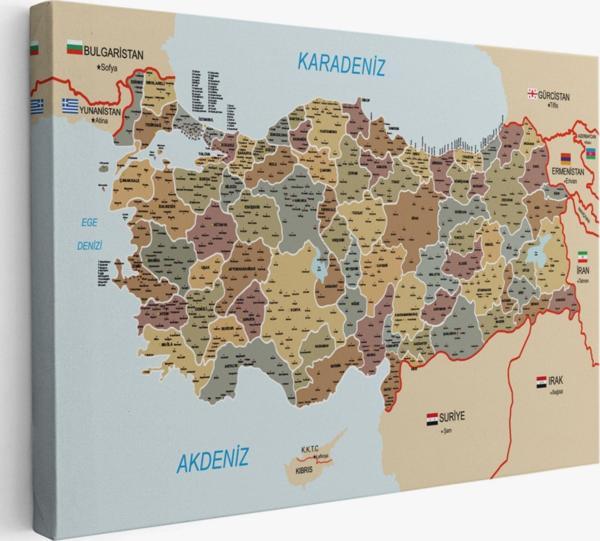 Komşulu İl ve İlçe Detaylı Türkiye Haritası, Harita Dekoratif Kanvas Tablo, Duvar Dekoru 3022 - Image 1