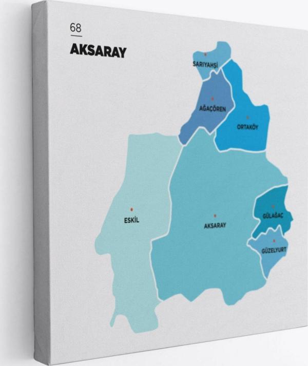 İl ve İlçeler Haritası Aksaray, Modern Dekoratif Kanvas Tablo, Duvar Dekoru 1258 - Image 1