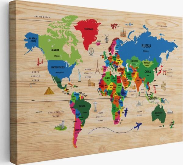 Detaylı Ahşap Görünümlü İngilizce Dünya Haritası Dekoratif Kanvas Tablo, Duvar Dekoru 2111 - Image 1