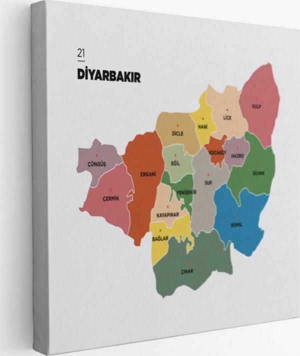 İl ve İlçeler Haritası Diyarbakır, Modern Dekoratif Kanvas Tablo, Duvar Dekoru 1322 - Image 1